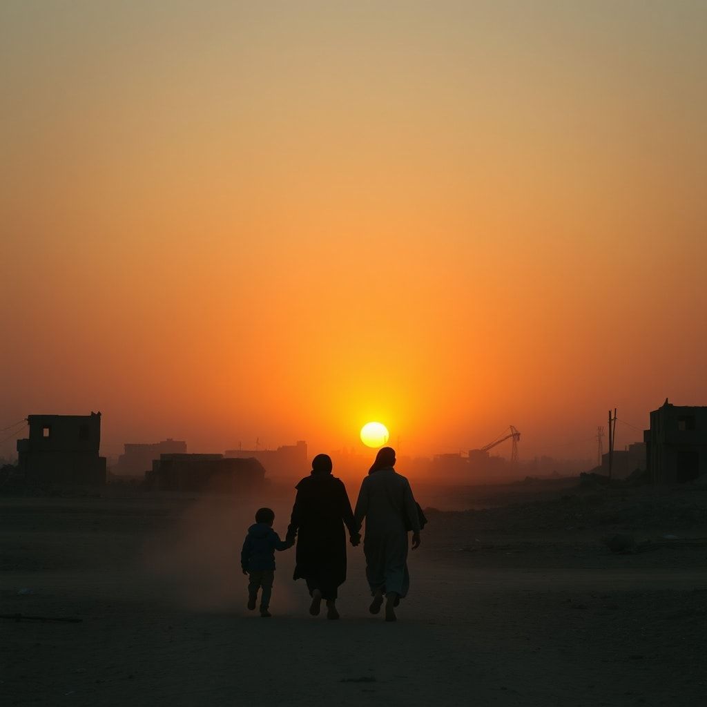 todays - A somber image depicting a silhouette of a family walking away from a war-torn landscape at sunset, emphasizing them