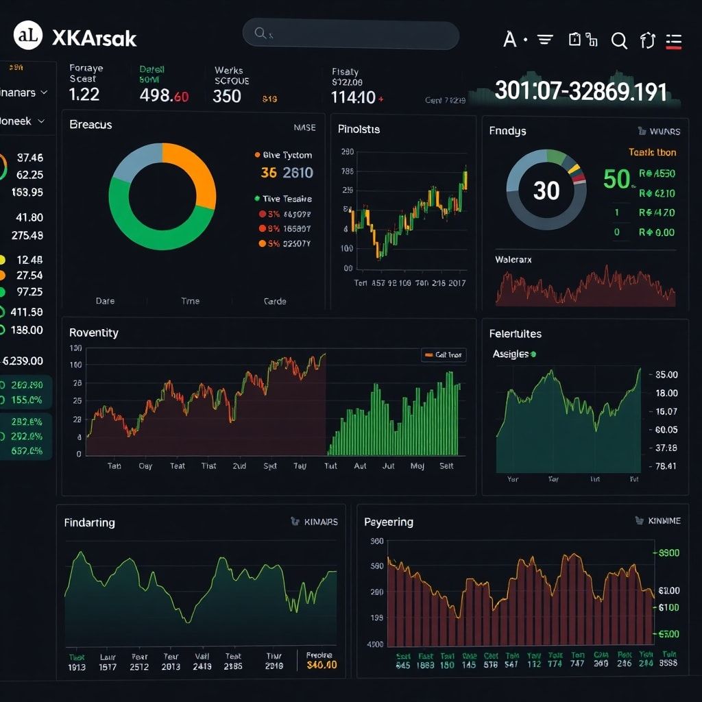 todays - A complex financial dashboard displaying real-time stock market data, fluctuating graphs, currency exchange rates, a