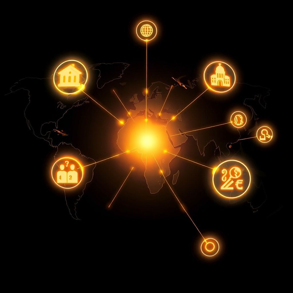 todays - An abstract depiction of global interconnectedness, with glowing lines linking different continents and icons repres