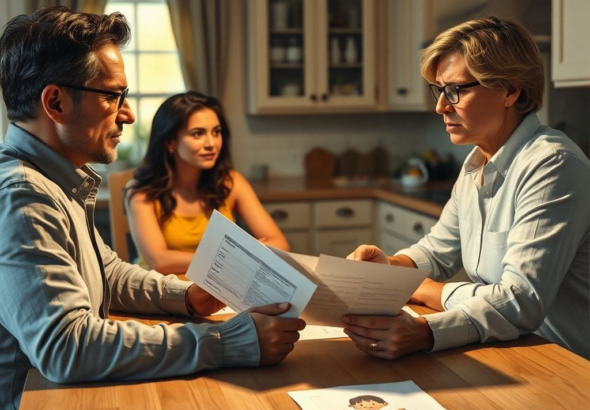 A couple sitting at a kitchen table, looking stressed but determined, discussing a serious issue with open legal documents and a child's drawing visible in the background, warm evening light, realistic, highly detailed, emotional depth, cinematic atmosphere