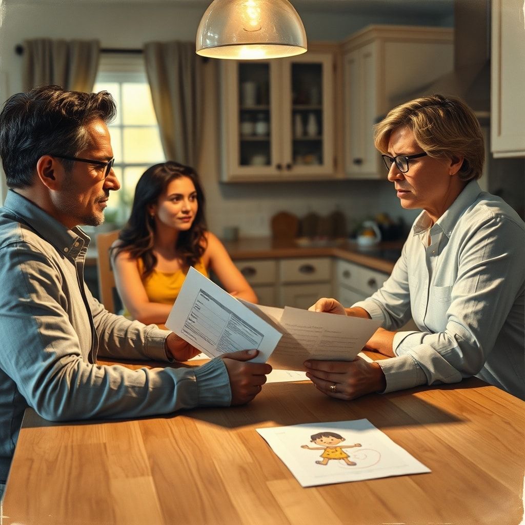 A couple sitting at a kitchen table, looking stressed but determined, discussing a serious issue with open legal documents and a child's drawing visible in the background, warm evening light, realistic, highly detailed, emotional depth, cinematic atmosphere