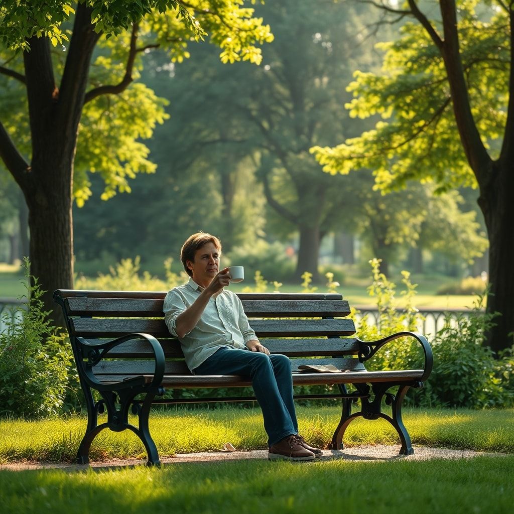 estranged - A person sitting peacefully on a park bench surrounded by lush greenery, holding a cup of tea, looking reflective