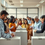A diverse group of people casting votes at a modern polling station, showing various ages and ethnicities, with digital voting machines and traditional ballot boxes in a brightly lit, clean environment. The atmosphere is calm and democratic, with natural light streaming through large windows. Warm, inviting colors, ultra-realistic, highly detailed, 8k quality, photorealistic