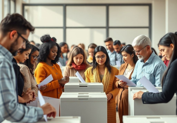 A diverse group of people casting votes at a modern polling station, showing various ages and ethnicities, with digital voting machines and traditional ballot boxes in a brightly lit, clean environment. The atmosphere is calm and democratic, with natural light streaming through large windows. Warm, inviting colors, ultra-realistic, highly detailed, 8k quality, photorealistic