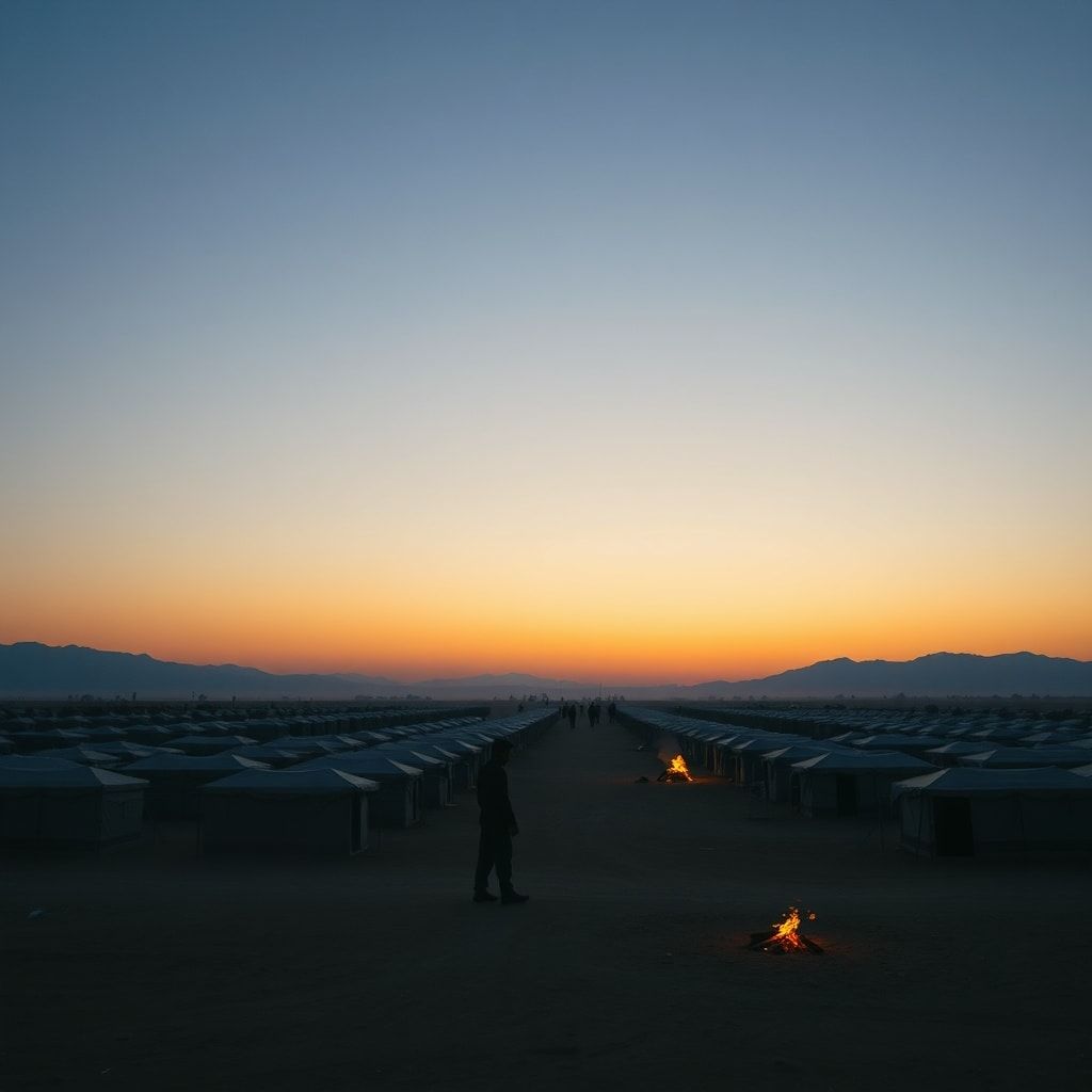 daily - A solemn, wide shot of a refugee camp at dusk, with numerous tents stretching into the distance under a vast, muted s