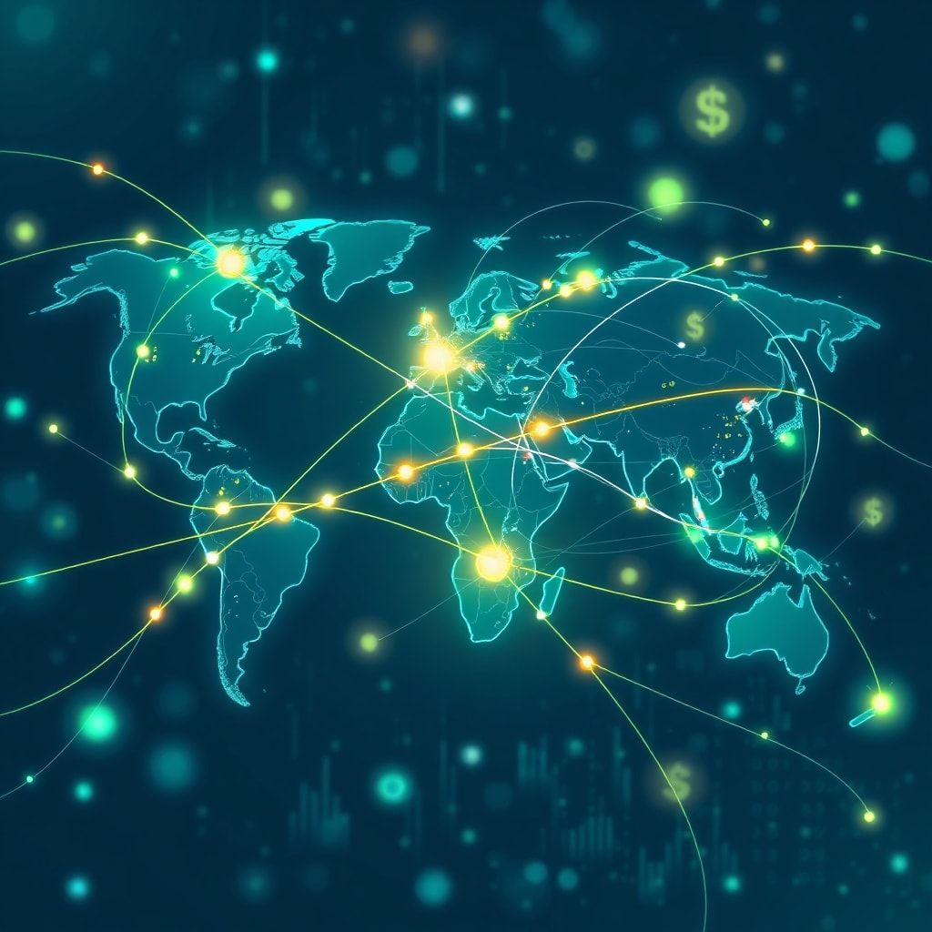 daily - A dynamic, abstract representation of global financial markets, with intertwining lines and glowing data points formi