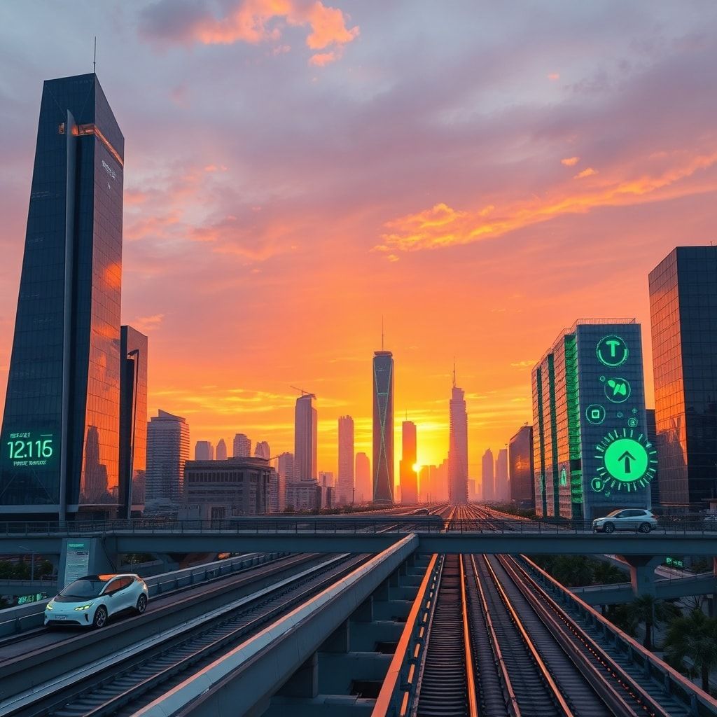 daily - A futuristic city skyline at sunset, with sleek, energy-efficient buildings and electric vehicles moving along elevat