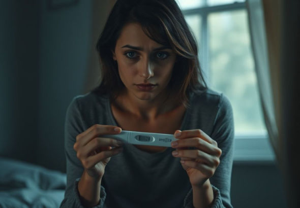 A woman sitting alone in a dimly lit room, holding a pregnancy test, looking distressed and deep in thought. The atmosphere is heavy with emotion, soft natural light filters through a window, cinematic, realistic, highly detailed, 8k quality, photorealistic