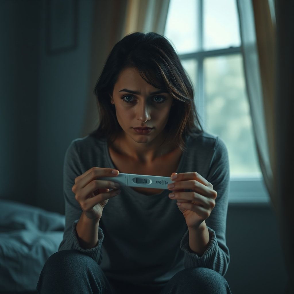 A woman sitting alone in a dimly lit room, holding a pregnancy test, looking distressed and deep in thought. The atmosphere is heavy with emotion, soft natural light filters through a window, cinematic, realistic, highly detailed, 8k quality, photorealistic