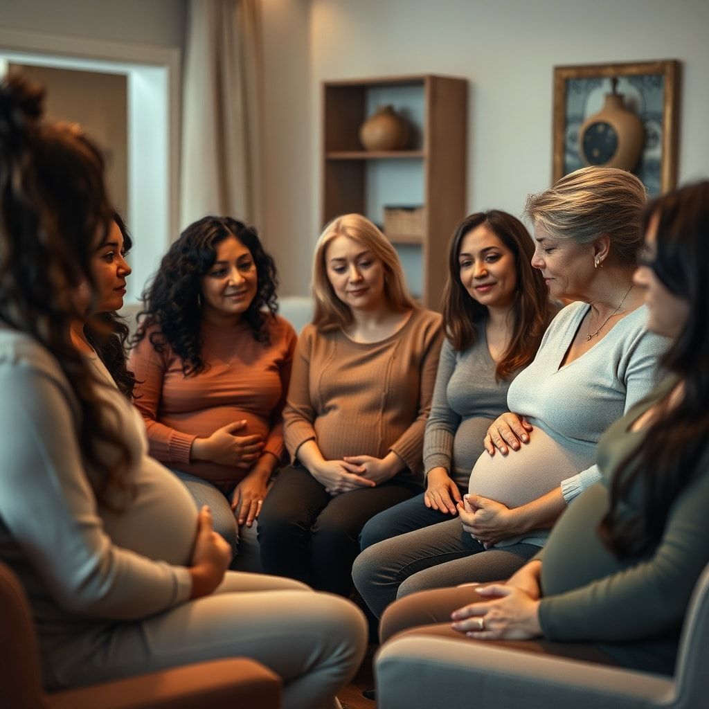 A diverse group of women in a support group setting, sitting in a circle, some with pregnant bellies, listening intently to o