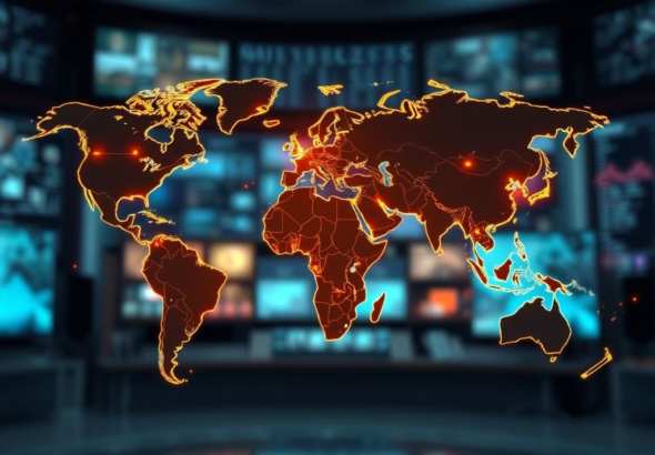 A detailed world map with glowing lines connecting different continents, symbolizing global interconnectedness and news flow. The map has subtle indicators for geopolitical hotspots and economic zones. The background is a blurred, modern newsroom with digital displays showing real-time data, conveying an atmosphere of urgent information gathering, cinematic lighting, high-resolution, global news theme.