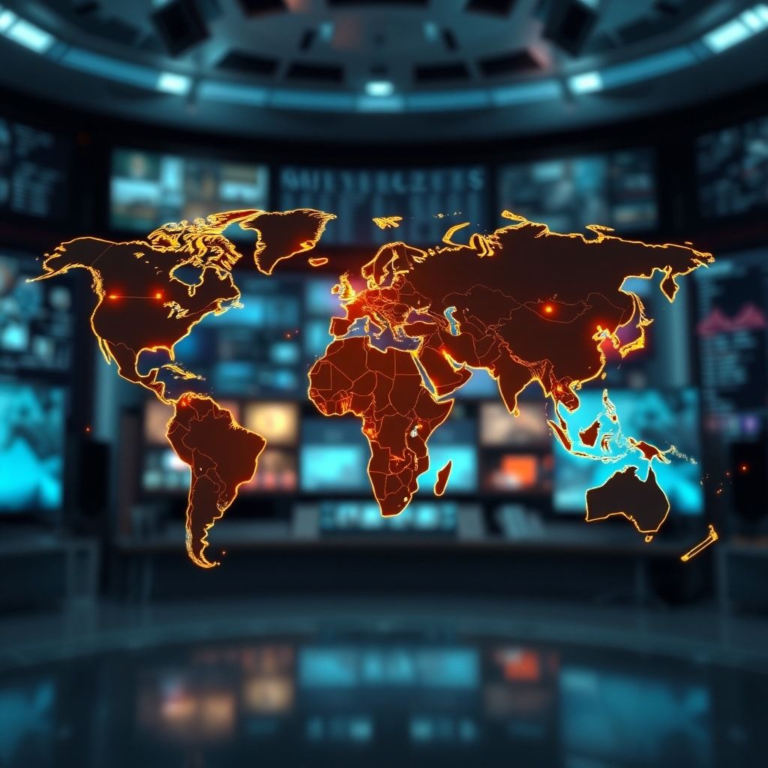 A detailed world map with glowing lines connecting different continents, symbolizing global interconnectedness and news flow. The map has subtle indicators for geopolitical hotspots and economic zones. The background is a blurred, modern newsroom with digital displays showing real-time data, conveying an atmosphere of urgent information gathering, cinematic lighting, high-resolution, global news theme.