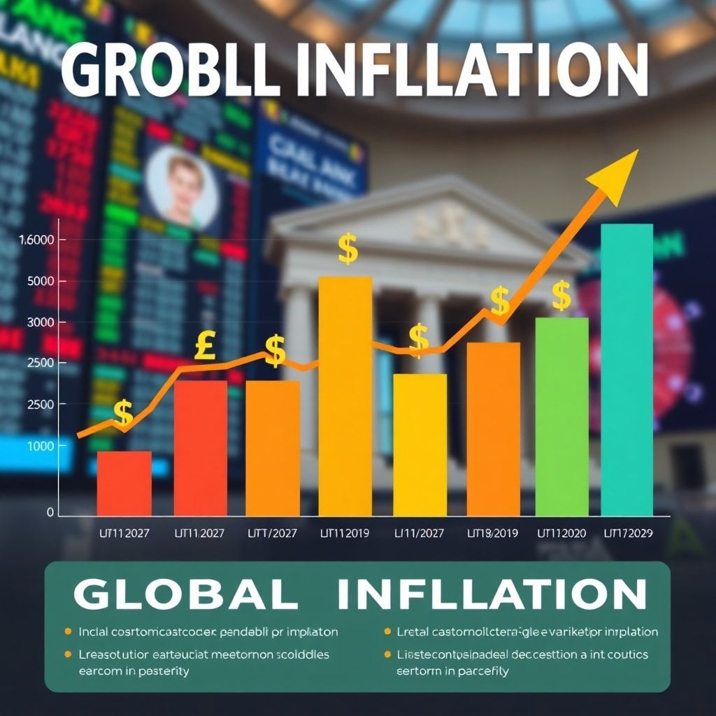 A dynamic infographic showing global inflation trends with rising bar graphs and currency symbols. The background features bl