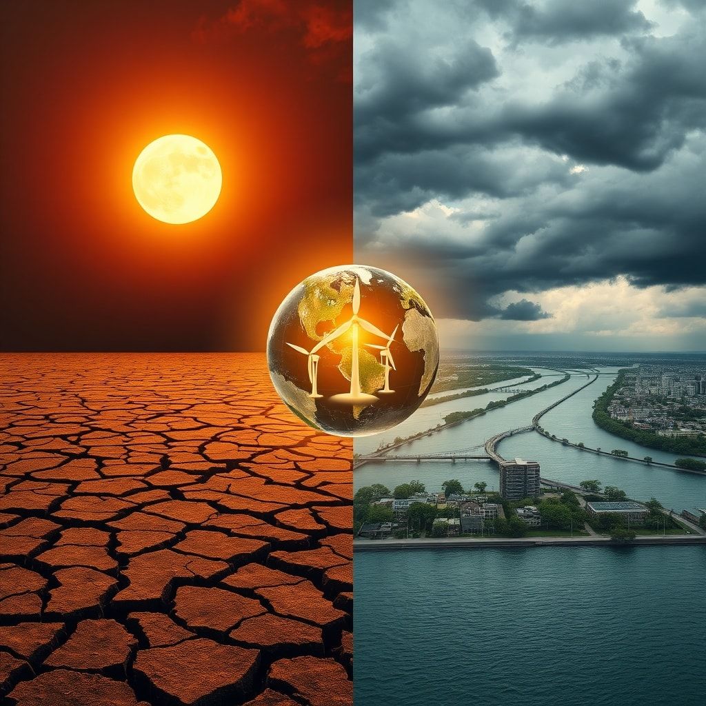 global - A composite image showing contrasting scenes: one side depicts a parched, cracked earth under a scorching sun, symbo