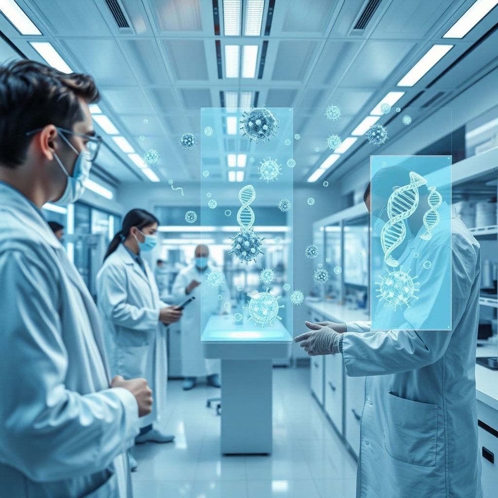 A futuristic, clean medical research laboratory with scientists in white coats working with advanced holographic displays sho