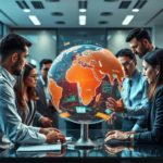 A diverse group of business professionals from different continents collaborating around a holographic globe displaying financial data and interconnected trade routes, modern office setting, vibrant colors, futuristic interface, global business meeting, high-tech, ultra realistic, highly detailed, 8k quality, photorealistic