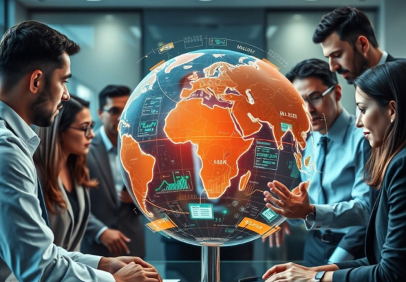 A diverse group of business professionals from different continents collaborating around a holographic globe displaying financial data and interconnected trade routes, modern office setting, vibrant colors, futuristic interface, global business meeting, high-tech, ultra realistic, highly detailed, 8k quality, photorealistic