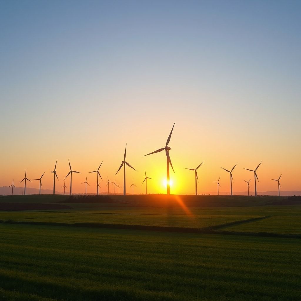 todays - A serene yet powerful image of a wind farm at sunrise, turbines gracefully turning against a backdrop of a clear sky