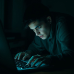 A dimly lit room, a person hunched over a laptop, their face illuminated by the screen's glow, fingers hovering over a keyboard, a look of internal conflict and desperation, subtle green and blue hues, shadows emphasize the secrecy of the act, cinematic, ultra realistic, highly detailed, 8k quality, photorealistic