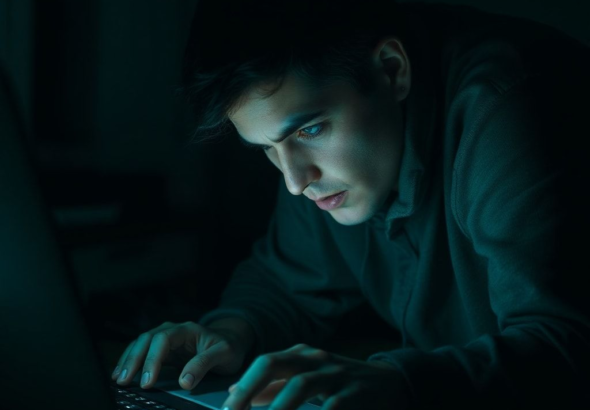 A dimly lit room, a person hunched over a laptop, their face illuminated by the screen's glow, fingers hovering over a keyboard, a look of internal conflict and desperation, subtle green and blue hues, shadows emphasize the secrecy of the act, cinematic, ultra realistic, highly detailed, 8k quality, photorealistic