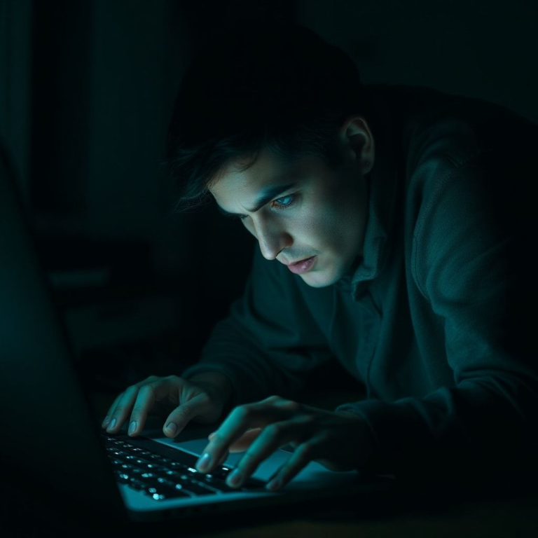 A dimly lit room, a person hunched over a laptop, their face illuminated by the screen's glow, fingers hovering over a keyboard, a look of internal conflict and desperation, subtle green and blue hues, shadows emphasize the secrecy of the act, cinematic, ultra realistic, highly detailed, 8k quality, photorealistic