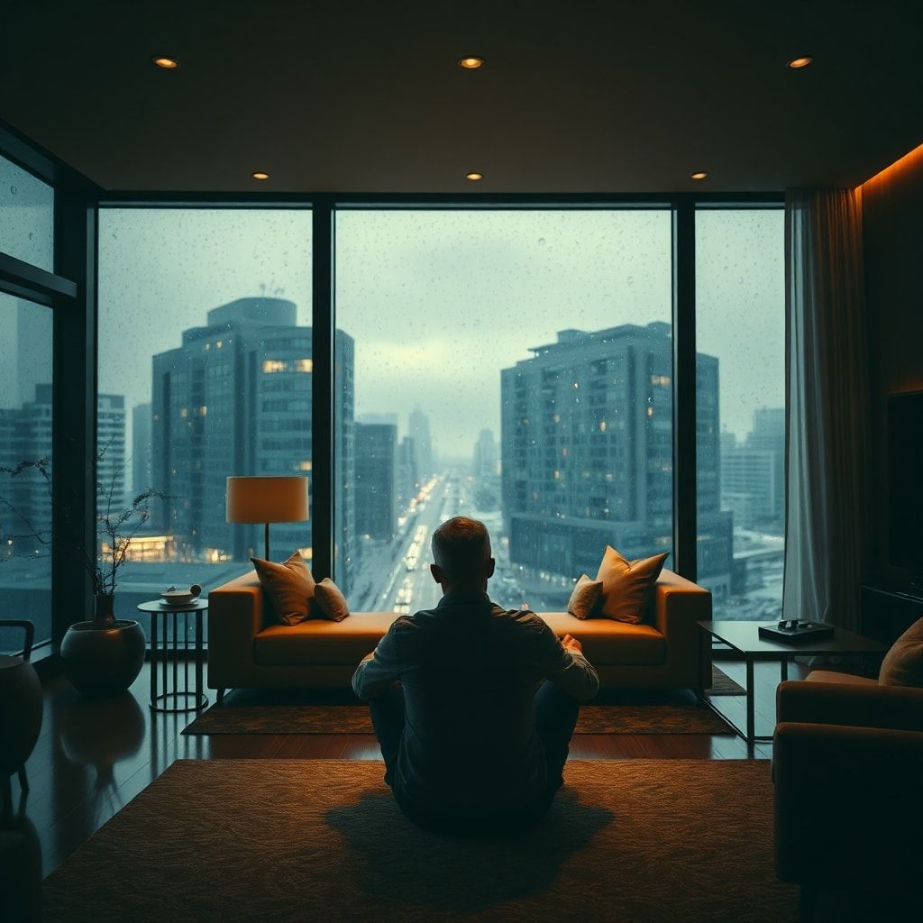 confession - A person sitting alone in a luxurious, modern living room, but their expression is one of deep sadness and conte