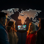 A diverse group of people from different continents, each looking at a digital screen displaying global news headlines, connected by subtle glowing lines, against a backdrop of a stylized world map. The mood is informed and engaged, with a modern, high-tech aesthetic, vibrant colors, ultra realistic, highly detailed, 8k quality, photorealistic