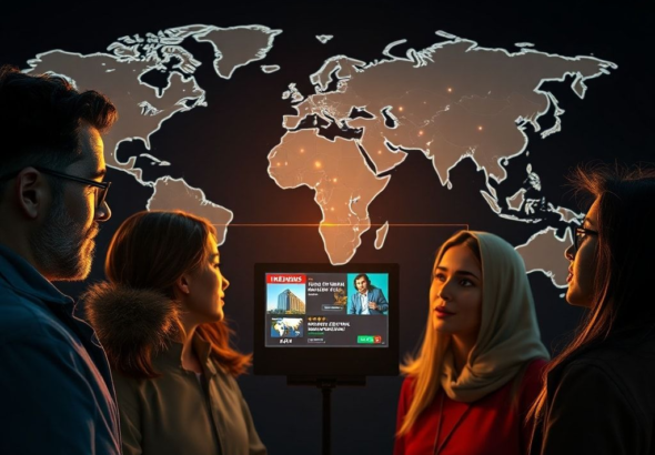 A diverse group of people from different continents, each looking at a digital screen displaying global news headlines, connected by subtle glowing lines, against a backdrop of a stylized world map. The mood is informed and engaged, with a modern, high-tech aesthetic, vibrant colors, ultra realistic, highly detailed, 8k quality, photorealistic