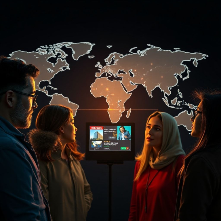 A diverse group of people from different continents, each looking at a digital screen displaying global news headlines, connected by subtle glowing lines, against a backdrop of a stylized world map. The mood is informed and engaged, with a modern, high-tech aesthetic, vibrant colors, ultra realistic, highly detailed, 8k quality, photorealistic
