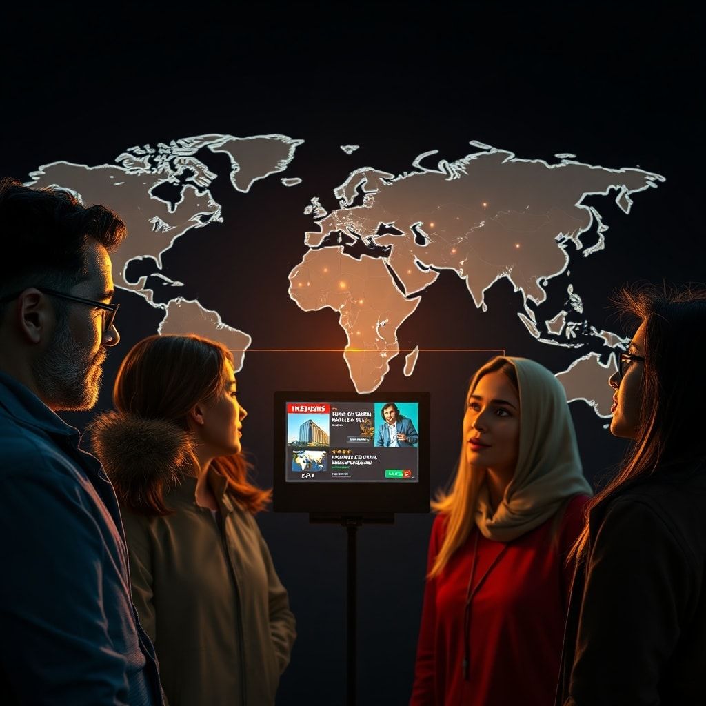 A diverse group of people from different continents, each looking at a digital screen displaying global news headlines, connected by subtle glowing lines, against a backdrop of a stylized world map. The mood is informed and engaged, with a modern, high-tech aesthetic, vibrant colors, ultra realistic, highly detailed, 8k quality, photorealistic