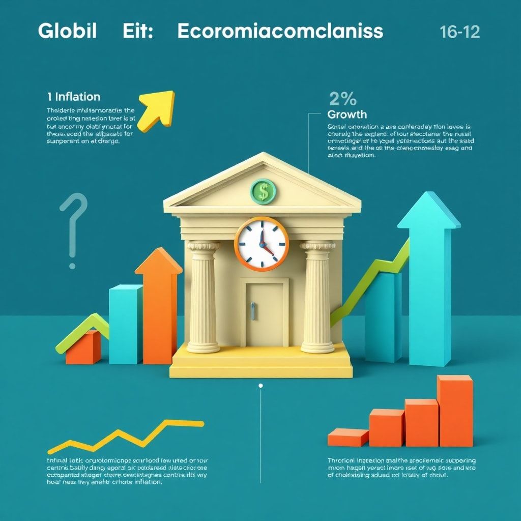 todays - A stylized infographic showing global economic trends: upward arrows for inflation, downward arrows for growth, and