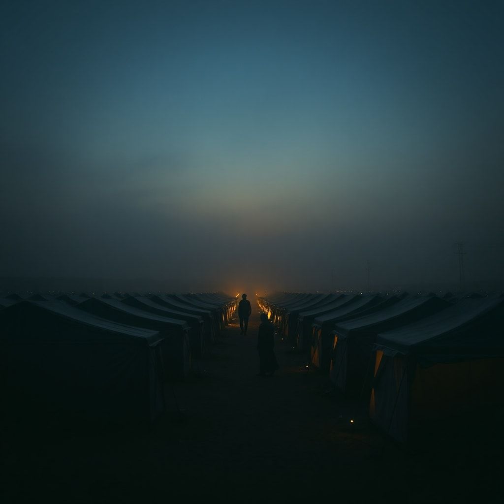 todays - A solemn scene depicting a refugee camp at dusk, with tents stretching into the distance under a muted sky. Figures