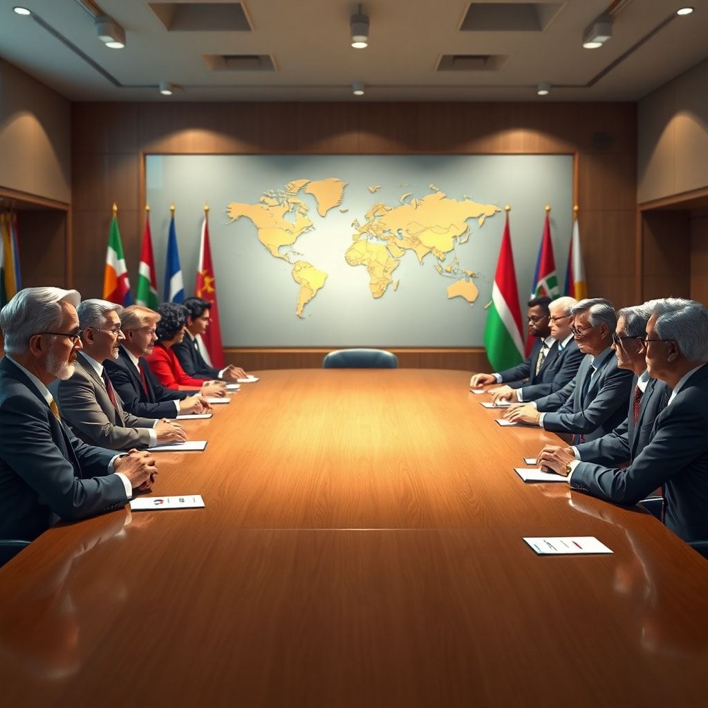 todays - A diverse group of diplomats from various countries seated around a large, polished conference table, engaged in ser