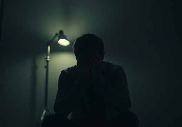 A person sitting alone in a dimly lit room, their face buried in their hands, illuminated by a single, weak lamp. The atmosphere is heavy with guilt and despair, shadows stretching long and distorted, reflecting inner turmoil. The style is cinematic realism with deep focus and muted, melancholic colors, highly detailed, 8k quality, photorealistic.