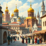A vibrant illustration depicting ancient Kievan Rus' architecture, with golden-domed churches and bustling marketplaces, people in traditional attire, reflecting the rich cultural heritage of Ukraine, warm lighting, historical accuracy, detailed, painterly style.