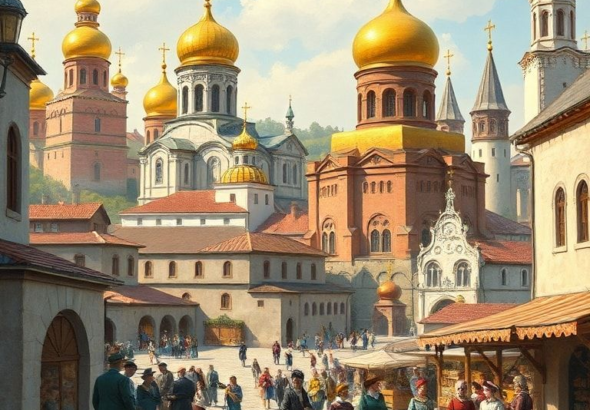A vibrant illustration depicting ancient Kievan Rus' architecture, with golden-domed churches and bustling marketplaces, people in traditional attire, reflecting the rich cultural heritage of Ukraine, warm lighting, historical accuracy, detailed, painterly style.