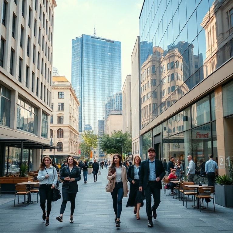 A bustling modern street scene in Kyiv, Ukraine, with young professionals walking, contemporary cafes, and sleek glass buildi