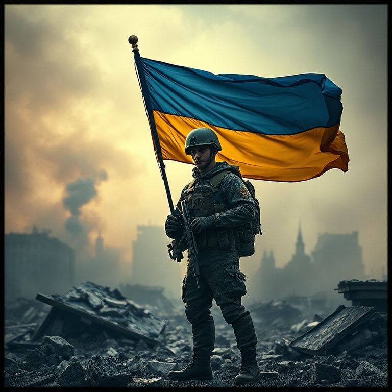 ukraine - A powerful image of a Ukrainian soldier standing resolutely amidst the ruins of a city, holding the national flag,