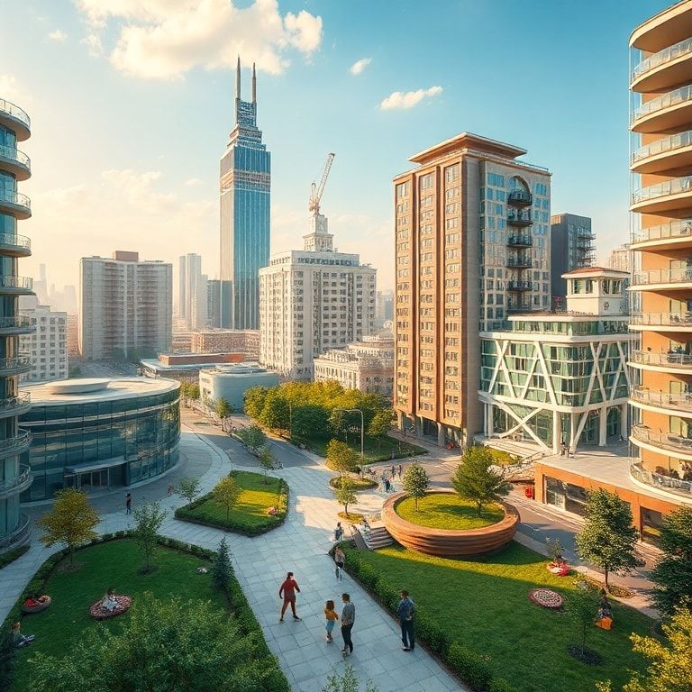 An optimistic depiction of a modern, rebuilt city in Ukraine, with new buildings, green spaces, children playing, and a sense