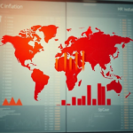 A stylized world map overlaid with charts showing upward-trending inflation arrows and rising cost graphs, depicting economic pressure and high prices. The color palette is warm and slightly alarming, with shades of red and orange, set against a background of subtle financial data. Educational, infographic style, highly detailed, 8k quality, digital art.