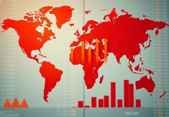 A stylized world map overlaid with charts showing upward-trending inflation arrows and rising cost graphs, depicting economic pressure and high prices. The color palette is warm and slightly alarming, with shades of red and orange, set against a background of subtle financial data. Educational, infographic style, highly detailed, 8k quality, digital art.