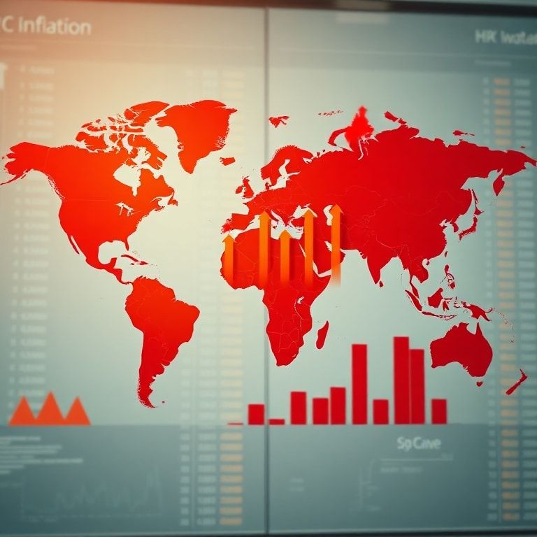 A stylized world map overlaid with charts showing upward-trending inflation arrows and rising cost graphs, depicting economic pressure and high prices. The color palette is warm and slightly alarming, with shades of red and orange, set against a background of subtle financial data. Educational, infographic style, highly detailed, 8k quality, digital art.