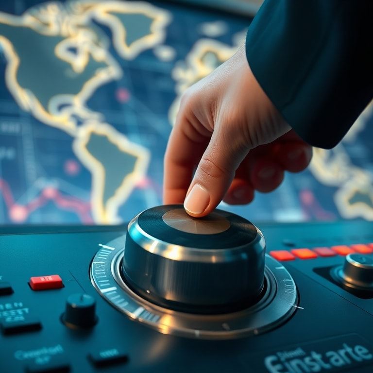 global - A close-up of a central bank's control panel, featuring a large dial labeled 'Interest Rates' being firmly turned up