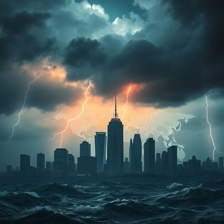 global - A dramatic, stormy economic landscape with dark clouds gathering over a silhouette of financial buildings and a subt