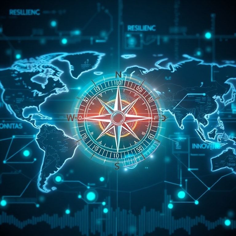 A futuristic, glowing compass superimposed on a holographic projection of a global economic map, with data streams and interc