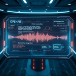 A futuristic AI interface displaying text, audio waveforms, and visual recognition data simultaneously on a holographic screen, showcasing seamless multimodal integration. The environment is sleek and high-tech, with subtle neon glows, representing the advanced capabilities of Openais, cinematic, ultra realistic, highly detailed, 8k quality, photorealistic