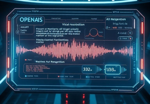 A futuristic AI interface displaying text, audio waveforms, and visual recognition data simultaneously on a holographic screen, showcasing seamless multimodal integration. The environment is sleek and high-tech, with subtle neon glows, representing the advanced capabilities of Openais, cinematic, ultra realistic, highly detailed, 8k quality, photorealistic