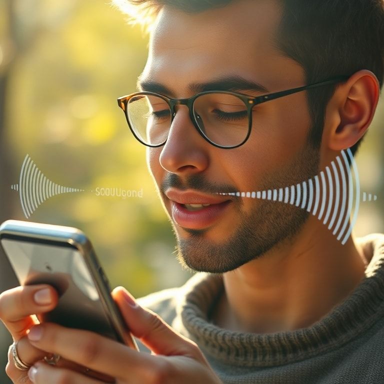 A person speaking naturally into a smartphone, with a subtle holographic representation of sound waves and text appearing aro