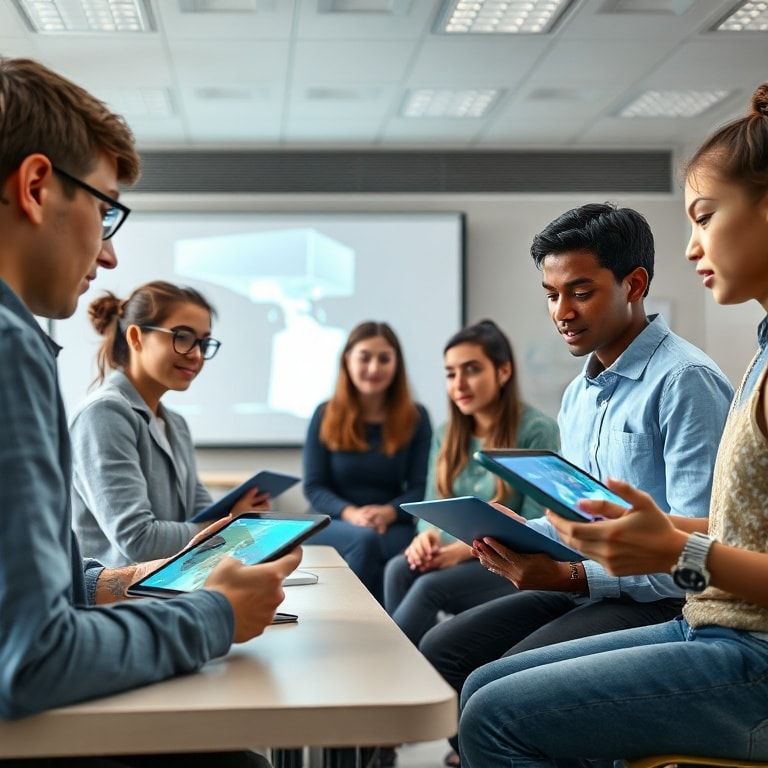 A diverse group of students in a modern classroom interacting with holographic projections and AI-powered tablets, while a te