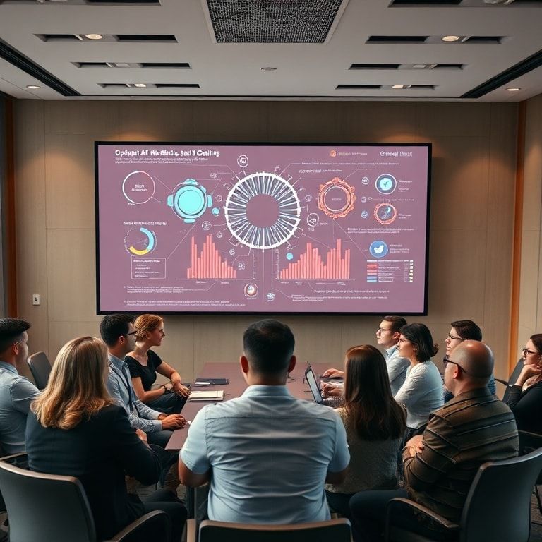 A diverse group of researchers and policymakers in a modern conference room, engaged in a serious discussion about AI ethics